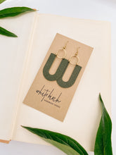Load image into Gallery viewer, Dark Olive U-Shaped Leather & Brass Ring Earrings
