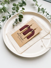 Load image into Gallery viewer, Burgundy Leather Arch & Brass Bar Geometric Earrings