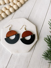 Load image into Gallery viewer, Smooth Black Leather & Sapele Wood Geometric Dangle Earrings