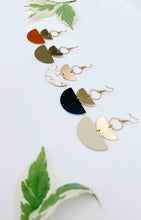 Load image into Gallery viewer, Brown Leather & Brass Stacked Half Moon Dangle Earrings