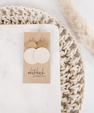 Load image into Gallery viewer, Beige Leather Disc & Brass Half Moon Stacked Dangle Earrings
