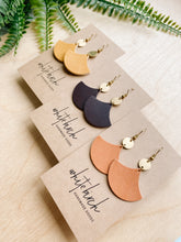 Load image into Gallery viewer, Distressed Tan & Mini Brass Disc Geometric Earrings