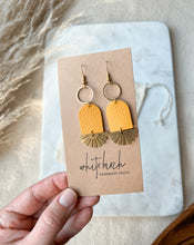 Load image into Gallery viewer, Mustard Yellow Leather & Brass Sunburst Geometric Earrings