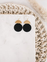 Load image into Gallery viewer, Black Leather Disc & Brass Half Moon Stacked Dangle Earrings.