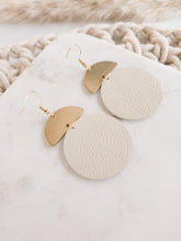 Load image into Gallery viewer, Beige Leather Disc & Brass Half Moon Stacked Dangle Earrings