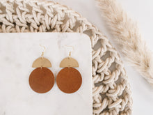 Load image into Gallery viewer, Brown Leather Disc & Brass Half Moon Stacked Dangle Earrings