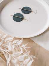 Load image into Gallery viewer, *SALE* Dark Grey Leather Disc and Brass Bar Earrings With Raw Brass Hooks