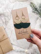 Load image into Gallery viewer, Dark Green Leather & Brass Stacked Half Moon Dangle Earrings