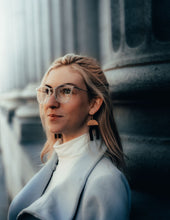 Load image into Gallery viewer, Black Leather Arch & Brass Half Moon Geometric Earrings
