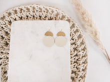 Load image into Gallery viewer, Beige Leather Disc & Brass Half Moon Stacked Dangle Earrings
