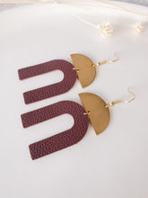 Load image into Gallery viewer, Burgundy Leather Arch & Brass Half Moon Geometric Earrings