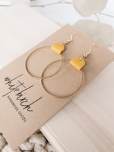 Load image into Gallery viewer, *SALE* Yellow Leather & Brass Circle Earrings With Raw Brass Hooks