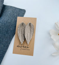 Load image into Gallery viewer, *SALE* Stone Grey Braided Pinched Leather Large Leaf Earrings With Raw Brass Hook