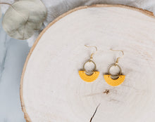 Load image into Gallery viewer, Mustard Yellow Leather & Brass Ring Geometric Earrings