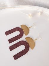 Load image into Gallery viewer, Burgundy Leather Arch & Brass Half Moon Geometric Earrings