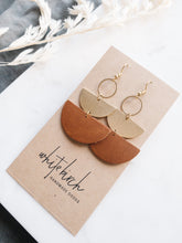 Load image into Gallery viewer, Brown Leather & Brass Stacked Half Moon Dangle Earrings