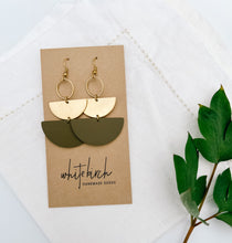 Load image into Gallery viewer, Army Green Leather & Brass Stacked Half Moon Dangle Earrings