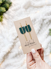 Load image into Gallery viewer, Dark Green Leather & Brass Bar Geometric Earrings