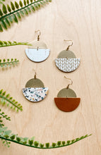 Load image into Gallery viewer, *SALE* White Cork Leather & Brass Half Moon Stacked Dangle Earrings