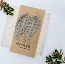 Load image into Gallery viewer, *SALE* Stone Grey Braided Pinched Leather Large Leaf Earrings With Raw Brass Hook