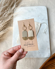 Load image into Gallery viewer, Clay Putty Tan Leather & Brass Sunburst Geometric Earrings