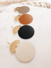 Load image into Gallery viewer, Beige Leather Disc & Brass Half Moon Stacked Dangle Earrings