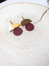 Load image into Gallery viewer, Burgundy Leather Small Circle & Brass Half Circle Stacked Earrings