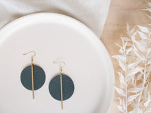 Load image into Gallery viewer, *SALE* Dark Grey Leather Disc and Brass Bar Earrings With Raw Brass Hooks