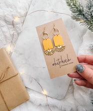 Load image into Gallery viewer, Mustard Yellow Leather & Brass Sunburst Geometric Earrings