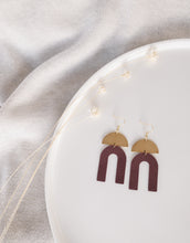 Load image into Gallery viewer, Burgundy Leather Arch & Brass Half Moon Geometric Earrings