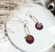 Load image into Gallery viewer, Burgundy Leather & Brass Sunburst Geometric Earrings