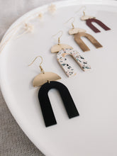 Load image into Gallery viewer, Black Leather Arch & Brass Half Moon Geometric Earrings