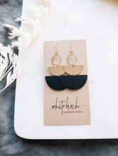 Load image into Gallery viewer, Black Leather & Brass Accent Half Moon Stacked Dangle Earrings
