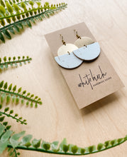 Load image into Gallery viewer, *SALE* White Cork Leather & Brass Half Moon Stacked Dangle Earrings with Raw Brass Hooks