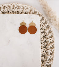 Load image into Gallery viewer, Brown Leather Disc & Brass Half Moon Stacked Dangle Earrings