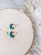 Load image into Gallery viewer, Ocean Teal Blue Leather and Brass Ring Earrings