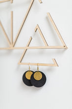 Load image into Gallery viewer, Black Leather Disc & Small Brass Disc Dangle Earrings.