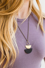 Load image into Gallery viewer, Geometric Brass Circle Black Stacked Half Moon Leather Necklace