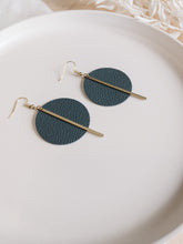 Load image into Gallery viewer, *SALE* Dark Grey Leather Disc and Brass Bar Earrings With Raw Brass Hooks