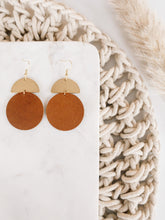Load image into Gallery viewer, Brown Leather Disc & Brass Half Moon Stacked Dangle Earrings