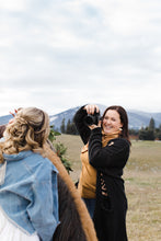 Load image into Gallery viewer, Brown Leather Disc & Brass Half Moon Stacked Dangle Earrings