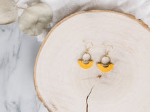 Load image into Gallery viewer, Mustard Yellow Leather & Brass Ring Geometric Earrings