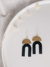 Load image into Gallery viewer, Black Leather Arch & Brass Half Moon Geometric Earrings