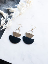 Load image into Gallery viewer, Black Leather & Brass Accent Half Moon Stacked Dangle Earrings