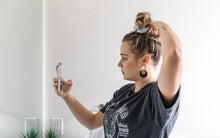 Load image into Gallery viewer, Black Leather Disc & Small Brass Disc Dangle Earrings.