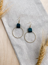 Load image into Gallery viewer, Dark Green Leather Oval & Brass Circle Earrings