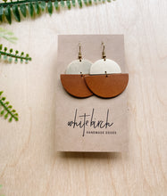 Load image into Gallery viewer, Brown Leather Half Moon & Brass Half Moon Dangle Earrings.
