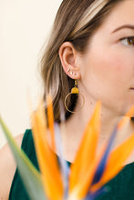 Load image into Gallery viewer, *SALE* Yellow Leather & Brass Circle Earrings With Raw Brass Hooks