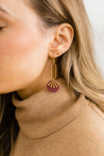 Load image into Gallery viewer, Burgundy Leather & Brass Sunburst Geometric Earrings