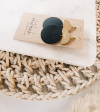 Load image into Gallery viewer, Black Leather Disc & Brass Half Moon Stacked Dangle Earrings.